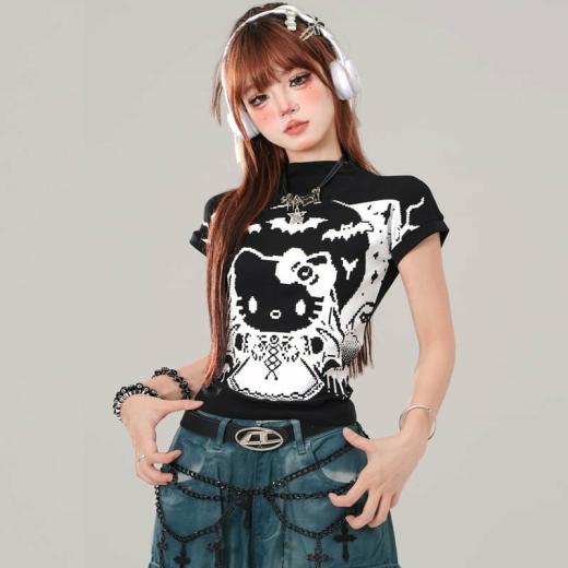 T-Shirts | Womens  Summer Sweet Cool Style Graffiti Hello Kitty Print Slim T-Shirt T-Shirts black