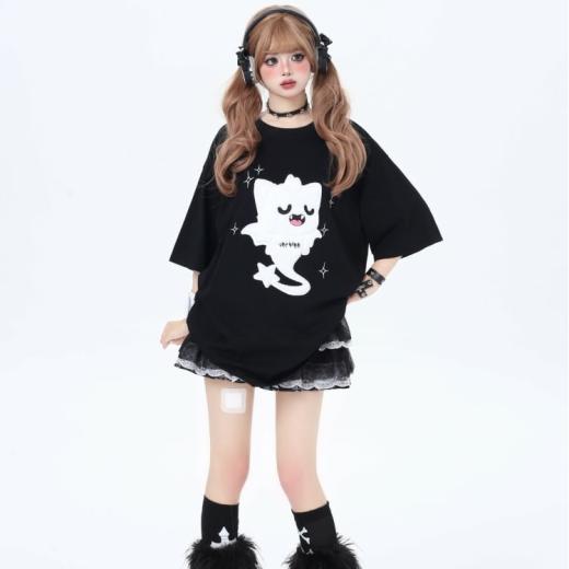 T-Shirts | Womens  Summer Sweet Girly Style Cartoon Ghost Cat Print T-Shirt T-Shirts black