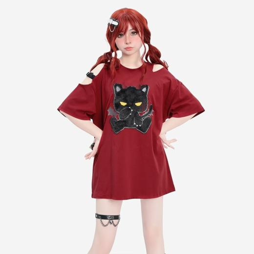 T-Shirts | Womens  Sweet Cool Style Little Devil Cat Embroidered Off-Shoulder T-Shirt T-Shirts Red