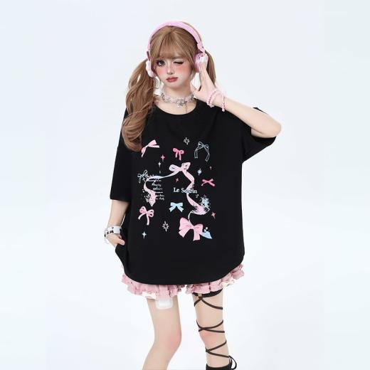 T-Shirts | Womens  Sweet Girly Style Bow Print T-Shirt T-Shirts Black (long style)