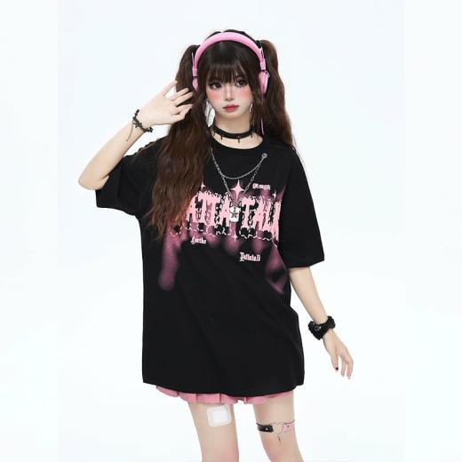 T-Shirts | Womens  Sweet Girly Style Letter Print Round Neck T-Shirt T-Shirts black