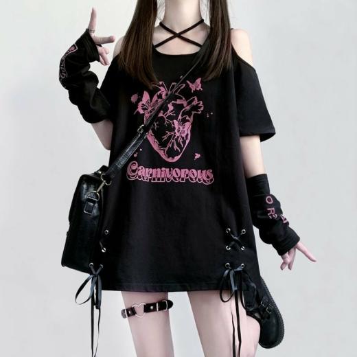 T-Shirts | Womens  Sweet Soft Girl Style Strawberry Print Off-Shoulder Lace-Up T-Shirt T-Shirts BLACK PINK