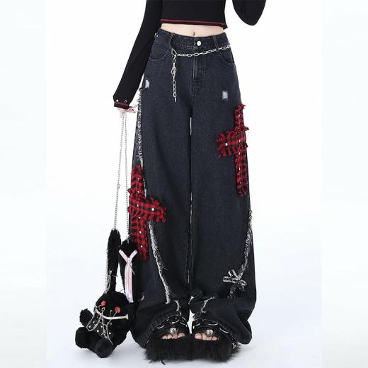 Kawaii Pants | Womens  Punk Girl Style Ripped Straight Wide Leg Jeans Kawaii Pants black