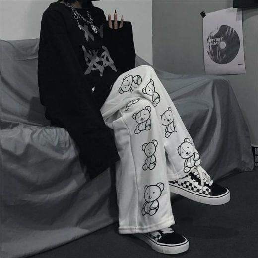 Kawaii Pants | Womens  Wide Leg Cartoon Print Pants Kawaii Pants black