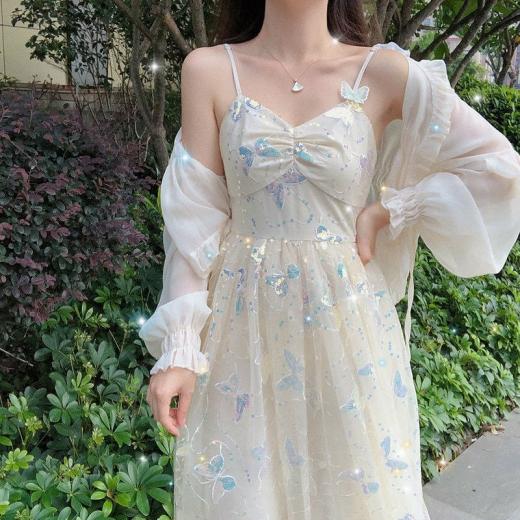 Summer Dresses | Womens  Summer Iridescent Butterflies Beige Straps Long Dress Summer Dresses 2 piece set