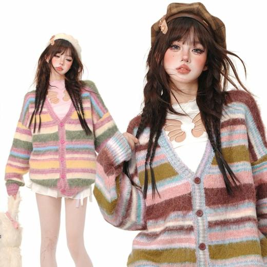 Sweaters | Womens  Autumn Sweet Cute Style Rainbow Striped Cardigan Sweater Sweaters Blue coffee stripes