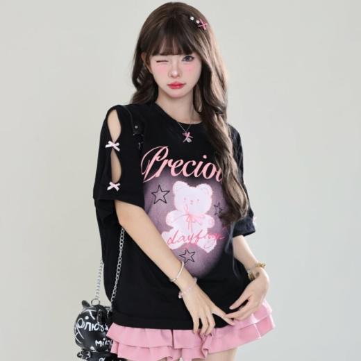 T-Shirts | Womens  Summer American Sweet Cool Style Off-Shoulder Bear Print T-Shirt T-Shirts black